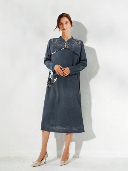 Midi Dresses - Stand Collar Elegant Stitching Long-sleeved Midi Dress - MsDressly