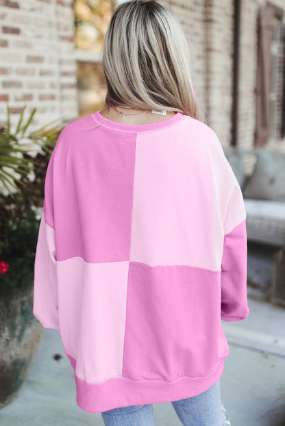 Pink Colorblock Henley High Low Oversize Sweatshirt