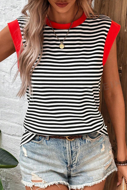 Black Stripe Colorblock Edge Round Neck Tank Top