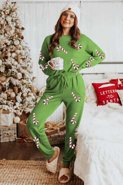 Festive Green Sequin Candy Cane Lounge Set