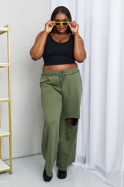 Zenana Full Size Drawstring Waist Distressed Wide Leg Pants in LT Olive