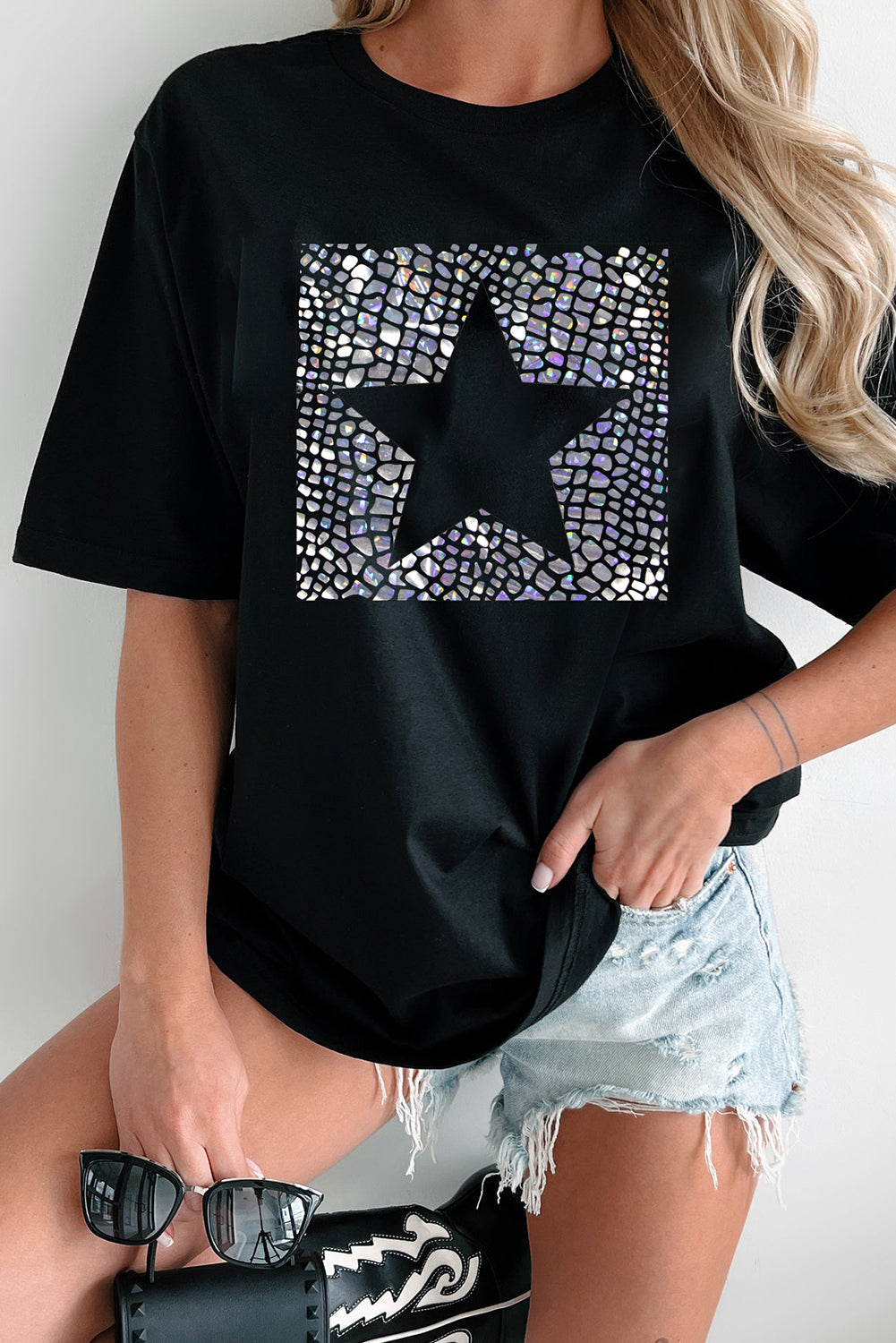 Black Star Marble Glitter Print Crew Neck T Shirt