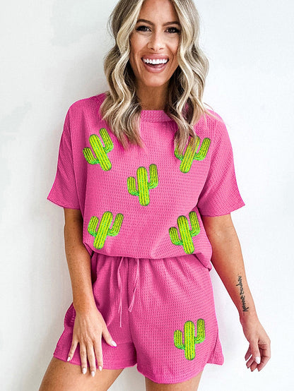 Rose Red Cactus Patched Cozy Two-Piece Lounge Set