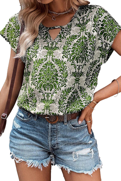 Green Allover Plant Print Bat Sleeve Cut out Neck T Shirt