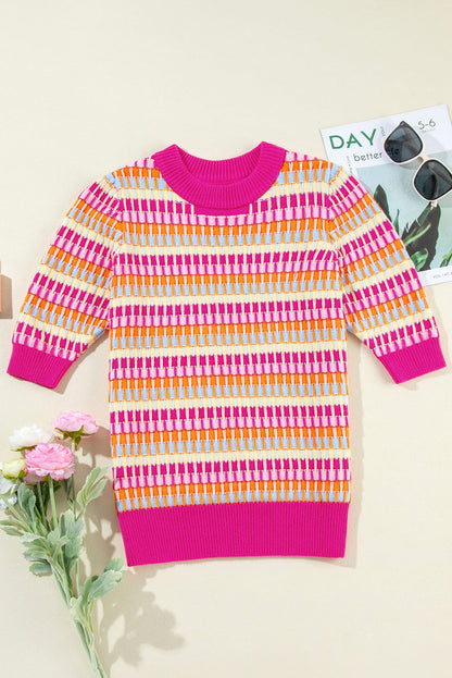 Red Striped Knitted Short Sleeve Sweater Top