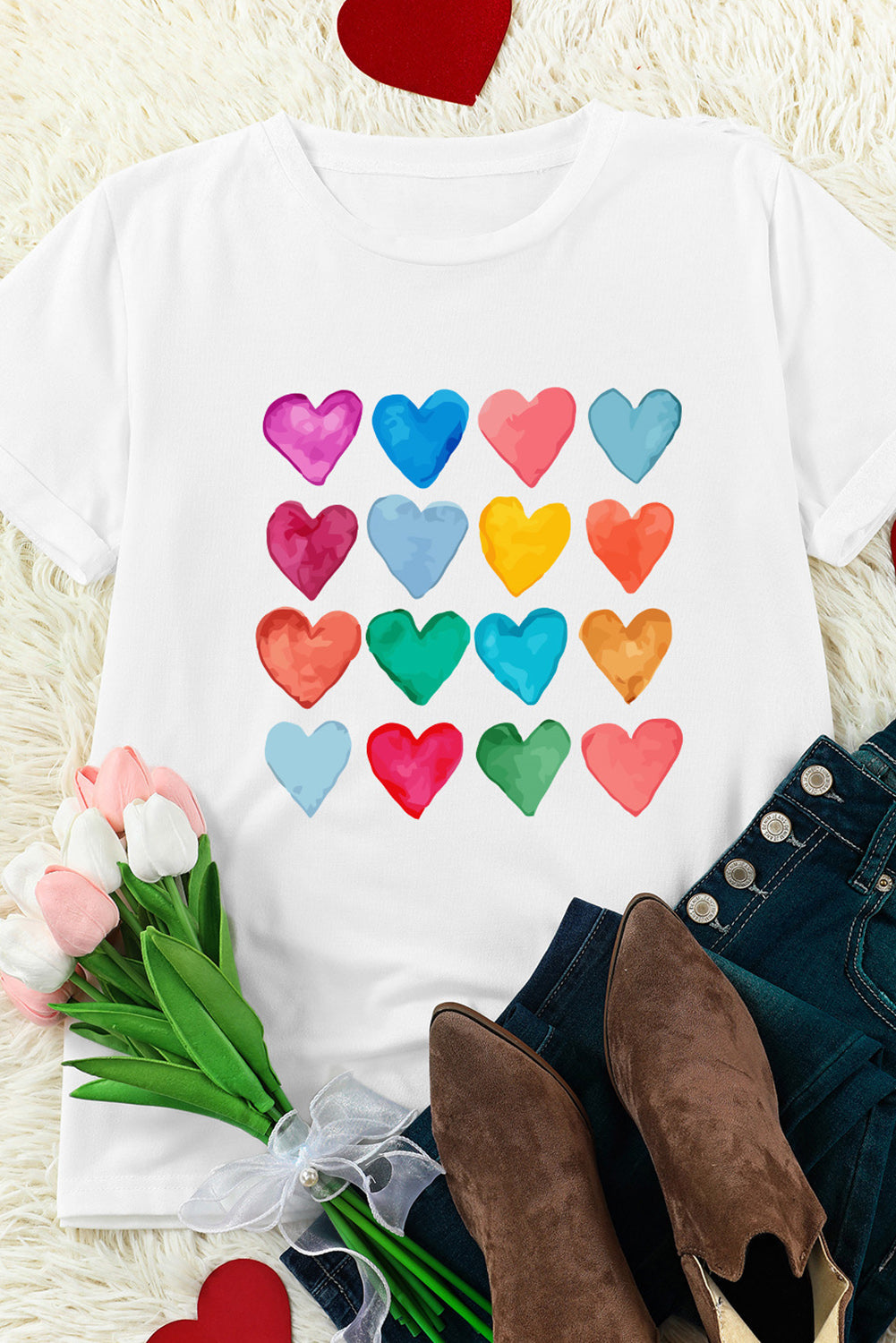 White Colorful Heart Shaped Print Crew Neck T Shirt