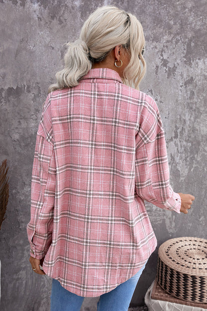 Pink Plaid Pattern Buttoned Shirt Coat with Slits