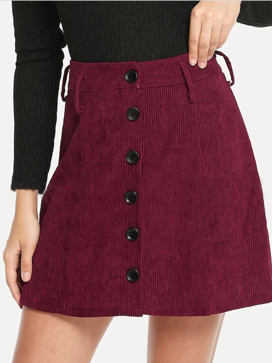 Mini Dresses - Button Front A-Line Belted Corduroy Mini Dress - MsDressly