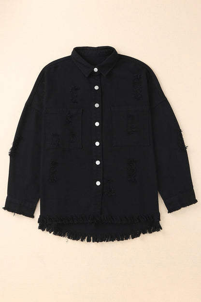 Black Distressed Fringe Trim Denim Jacket