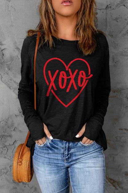 Black XOXO Heart Shaped Print Long Sleeve Top