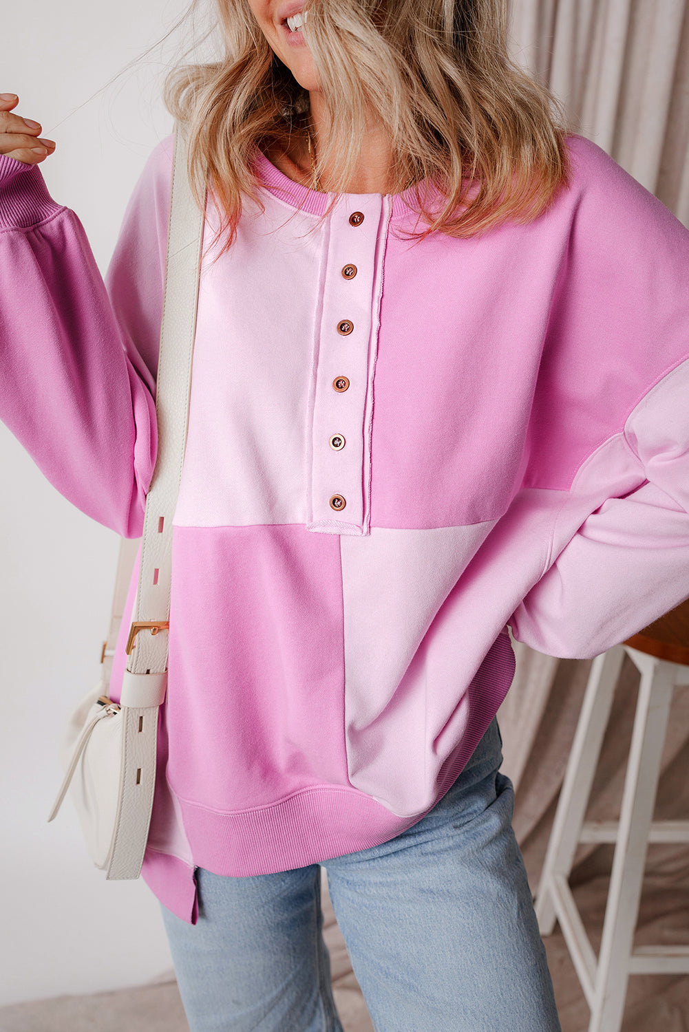 Pink Colorblock Henley High Low Oversize Sweatshirt