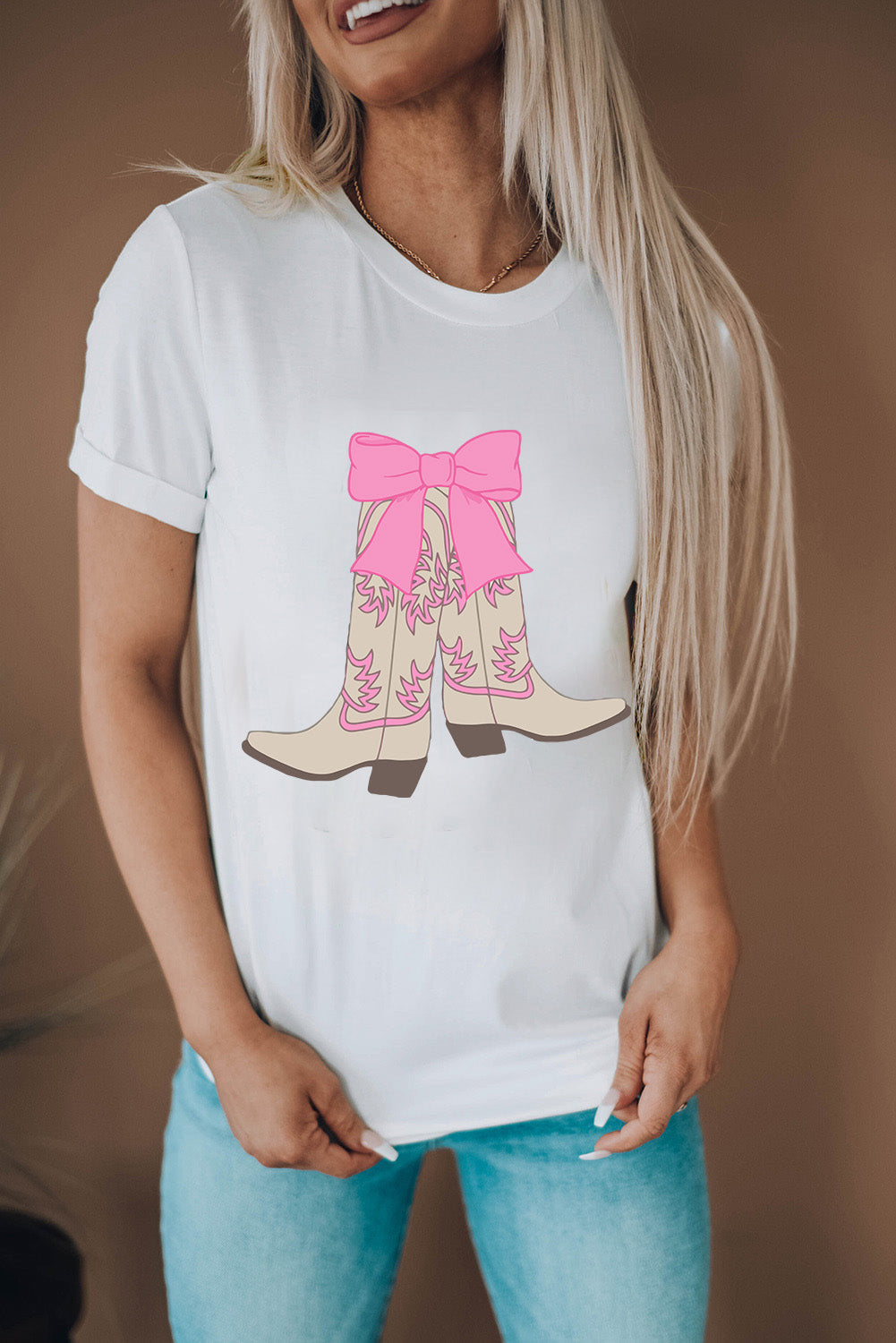 White Western Boots Bow Print Round Neck T Shirt