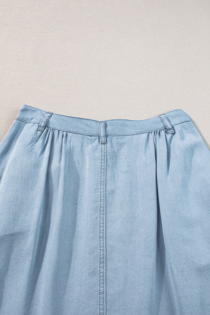 Buttoned Cotton and Linen High-Low A-Line Skirt