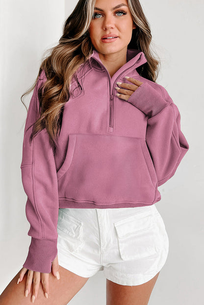 Phalaenopsis Fleece Lined Zip Up Stand Collar Thumbhole Sleeve Sweatshirt