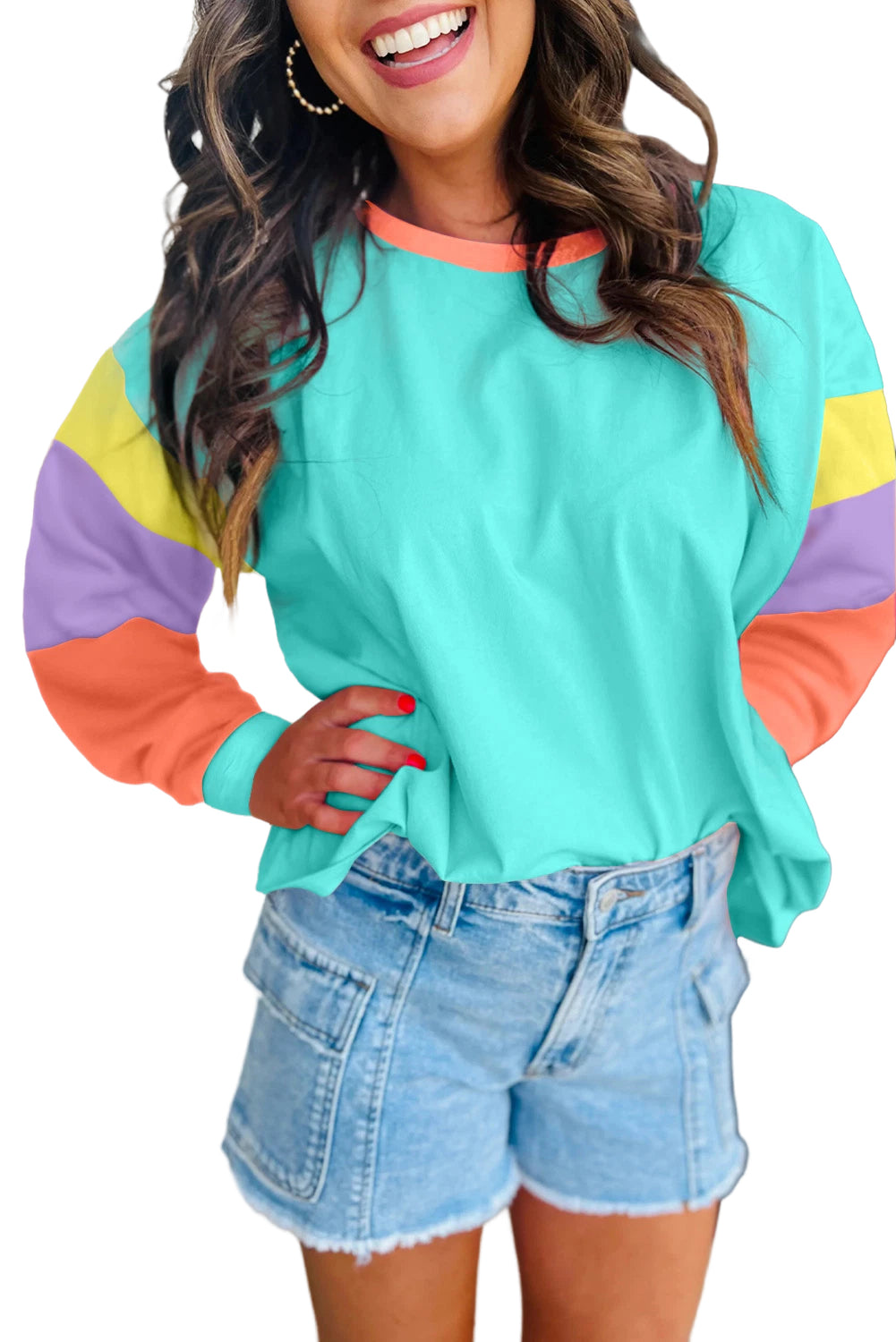 Light Blue Colorblock Patchwork Long Sleeve Loose Top