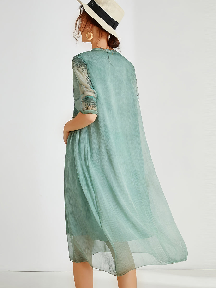 Plus Midi Dresses - Size Curve Dresses Fashion Slim Stitching Embroidery Midi Dress - MsDressly