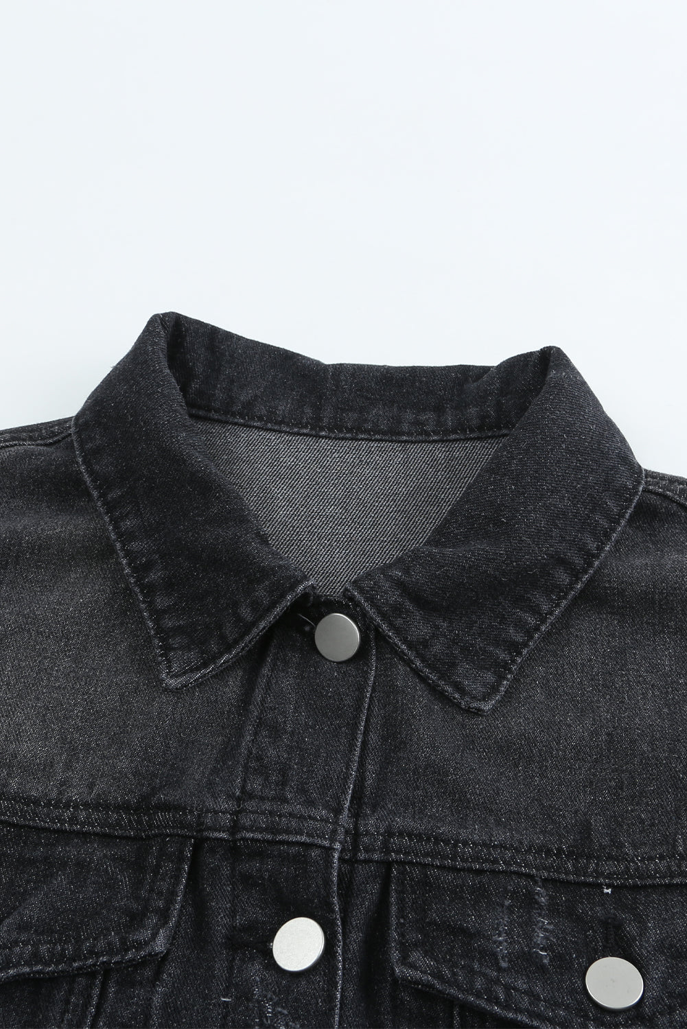 Black Lapel Distressed Raw Hem Buttons Denim Jacket