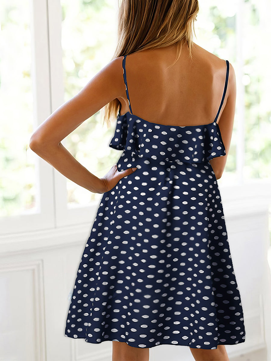 Mini Dresses - Strap Ruffle Trim Polka Dot Mini Dress - MsDressly