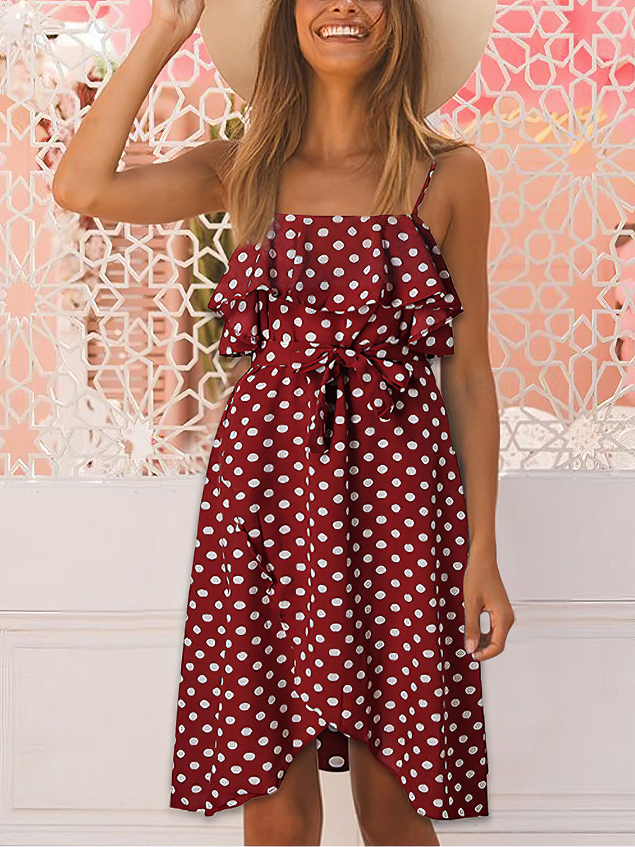 Mini Dresses - Strap Ruffle Trim Polka Dot Mini Dress - MsDressly