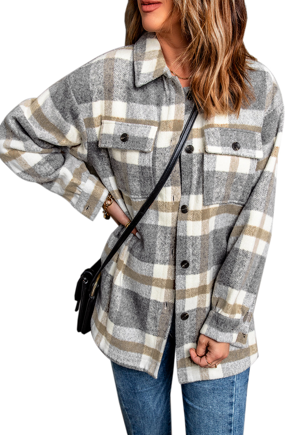 Brown Plaid Print Pocket Women Shacket