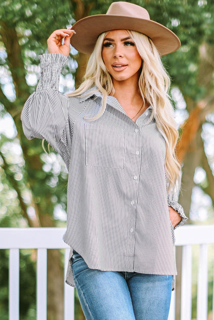 Smocked Cuffed Striped Boyfriend Shirt with Pocket