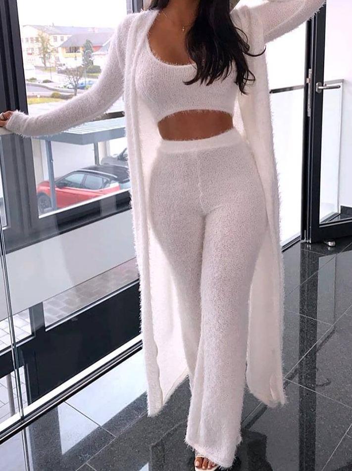 Solid Fluffy  Sleeveless Crop Top & Longline Coat & Bootcut Pants Set for Women