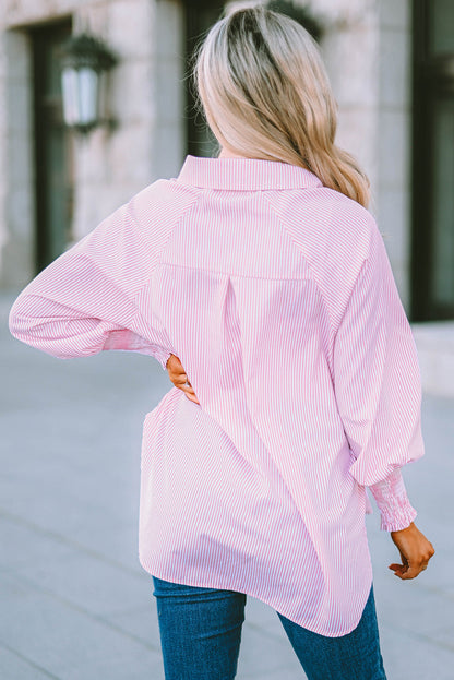 Pink Smocked Cuffed Striped Boyfriend Shirt with Pocket