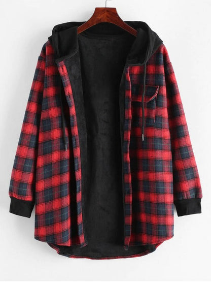 Plaid Button Up Pocket Hooded Coat for Women