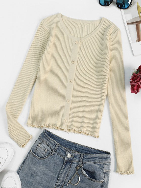 Ribbed Lettuce Trim Slim Cardigan for Women