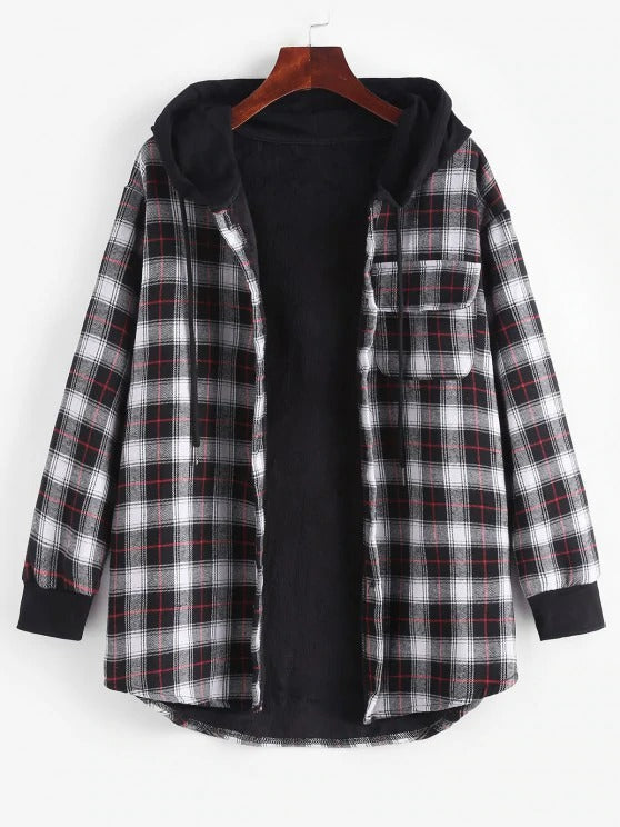 Plaid Button Up Pocket Hooded Coat for Women