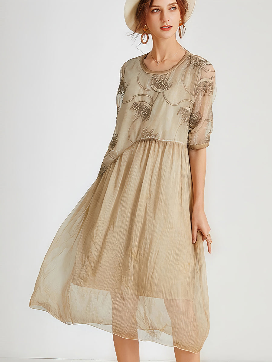 Size Curve Dresses Fashion Slim Stitching Embroidery Midi Dress