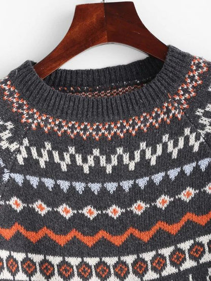 Raglan Sleeve Fair Isle Knit Sweater - LuckyFash™