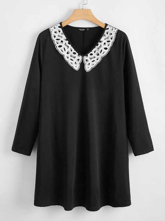 Plus Contrast Guipure Lace V Neck Dress - LuckyFash™