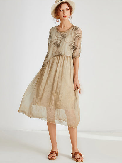 Plus Midi Dresses - Size Curve Dresses Fashion Slim Stitching Embroidery Midi Dress - MsDressly