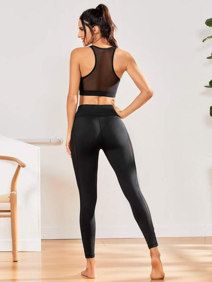 Contrast Mesh Sports Bra With Leggings - LuckyFash™