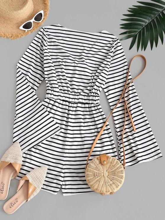 Stripes Flare Sleeve Tie Front Romper - LuckyFash™