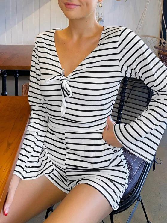 Stripes Flare Sleeve Tie Front Romper - LuckyFash™