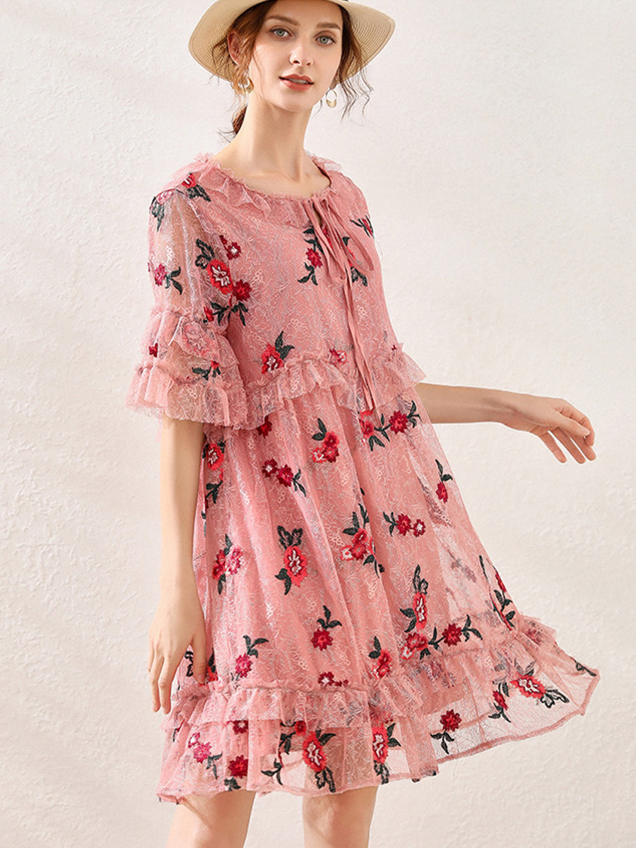 Plus Mini Dresses - Size Curve Dresses Lace Embroidery Slimming Mini Dress - MsDressly