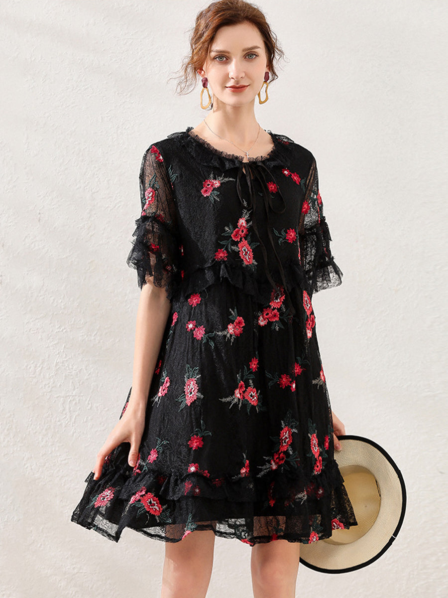Plus Mini Dresses - Size Curve Dresses Lace Embroidery Slimming Mini Dress - MsDressly