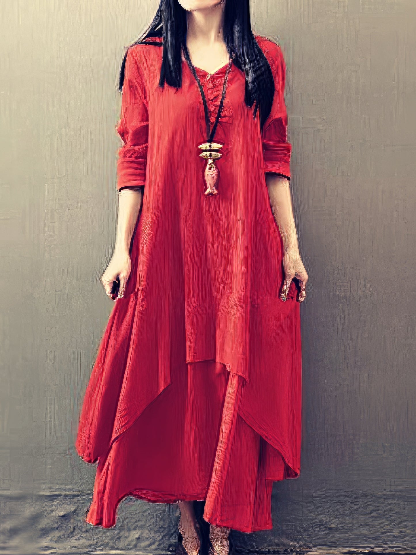 Maxi Dresses - Casual Swing Solid Color Long Sleeve Button Fake V Neck Basic Maxi Dress - MsDressly