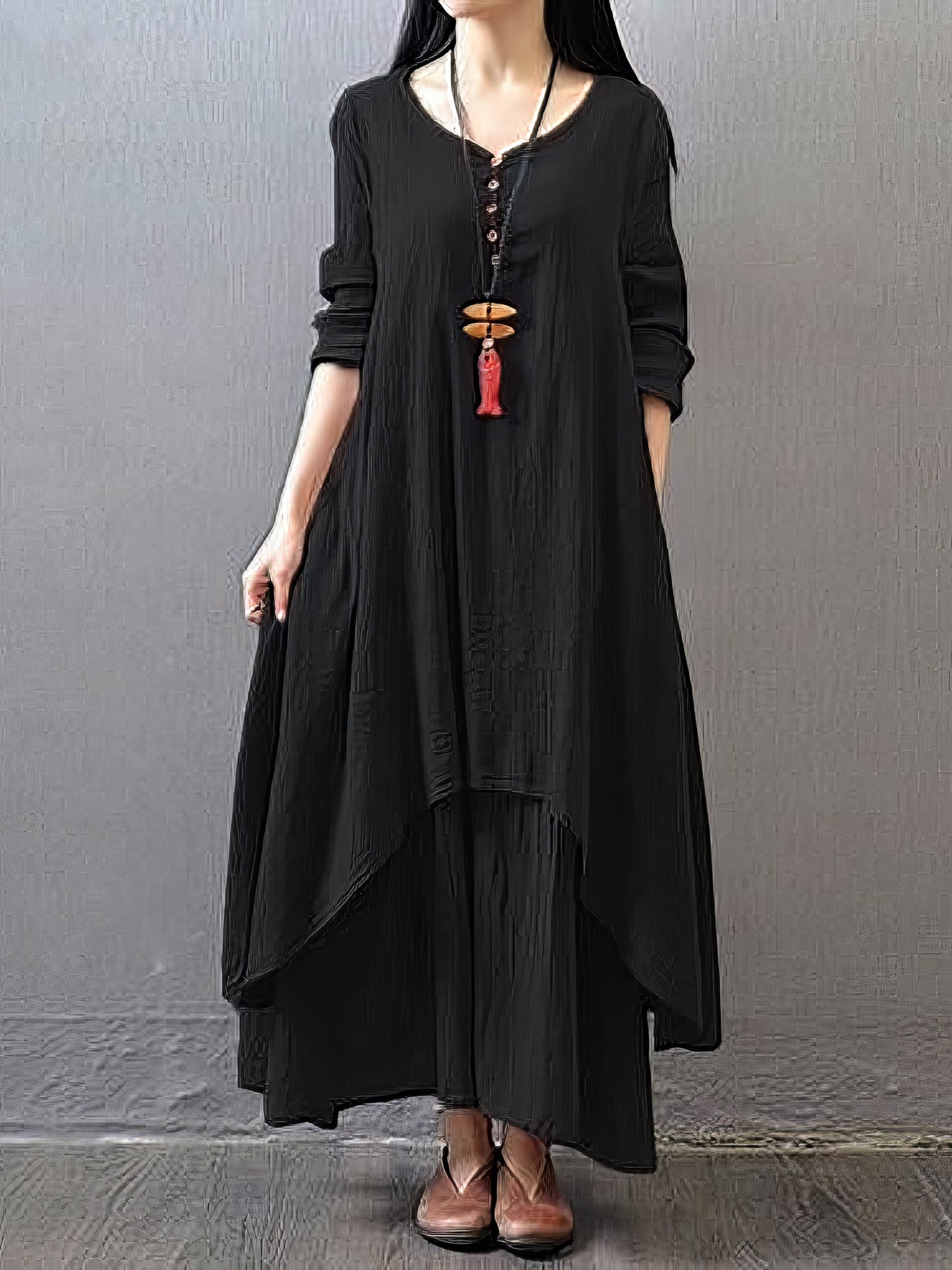 Maxi Dresses - Casual Swing Solid Color Long Sleeve Button Fake V Neck Basic Maxi Dress - MsDressly