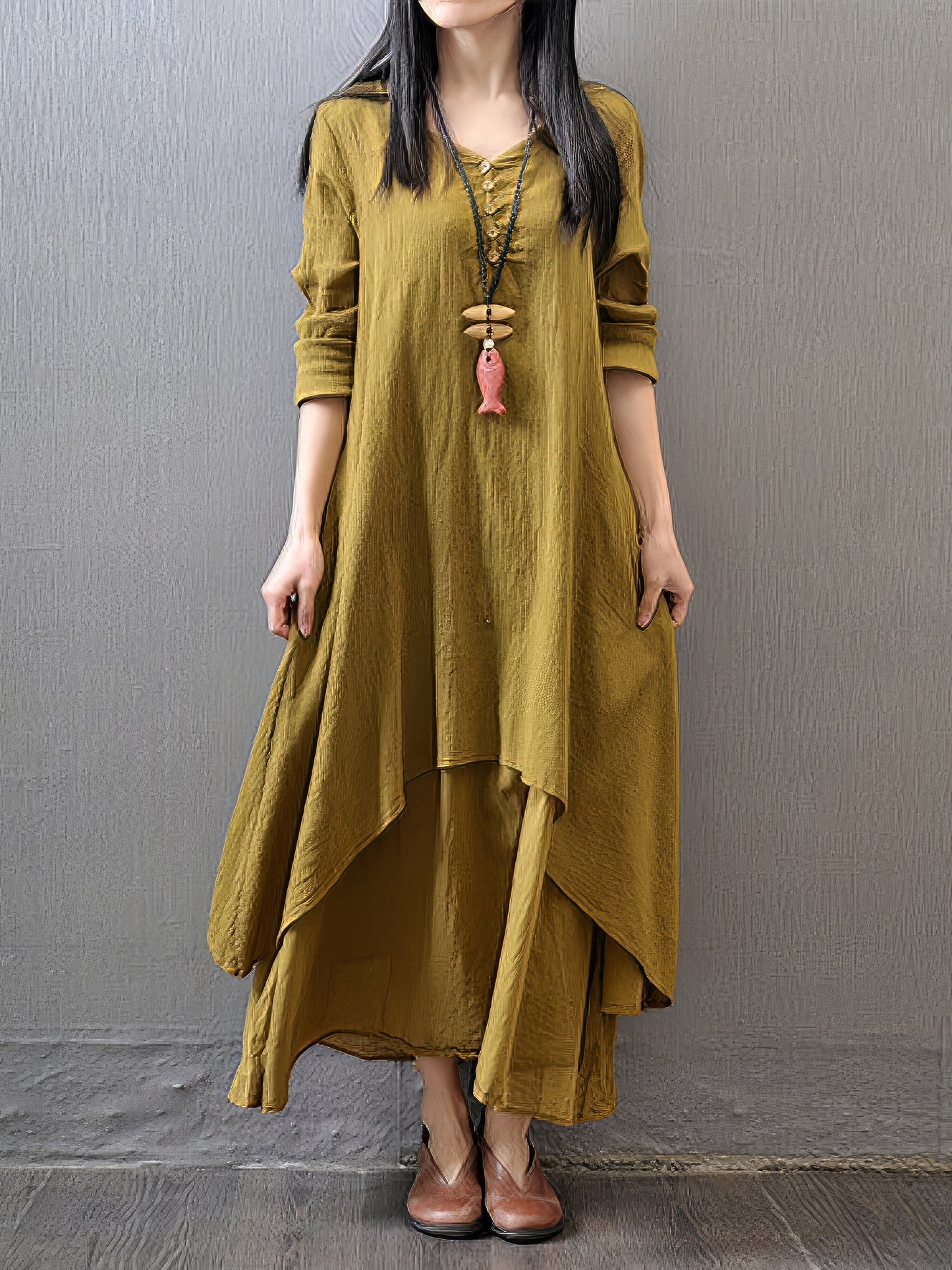 Maxi Dresses - Casual Swing Solid Color Long Sleeve Button Fake V Neck Basic Maxi Dress - MsDressly