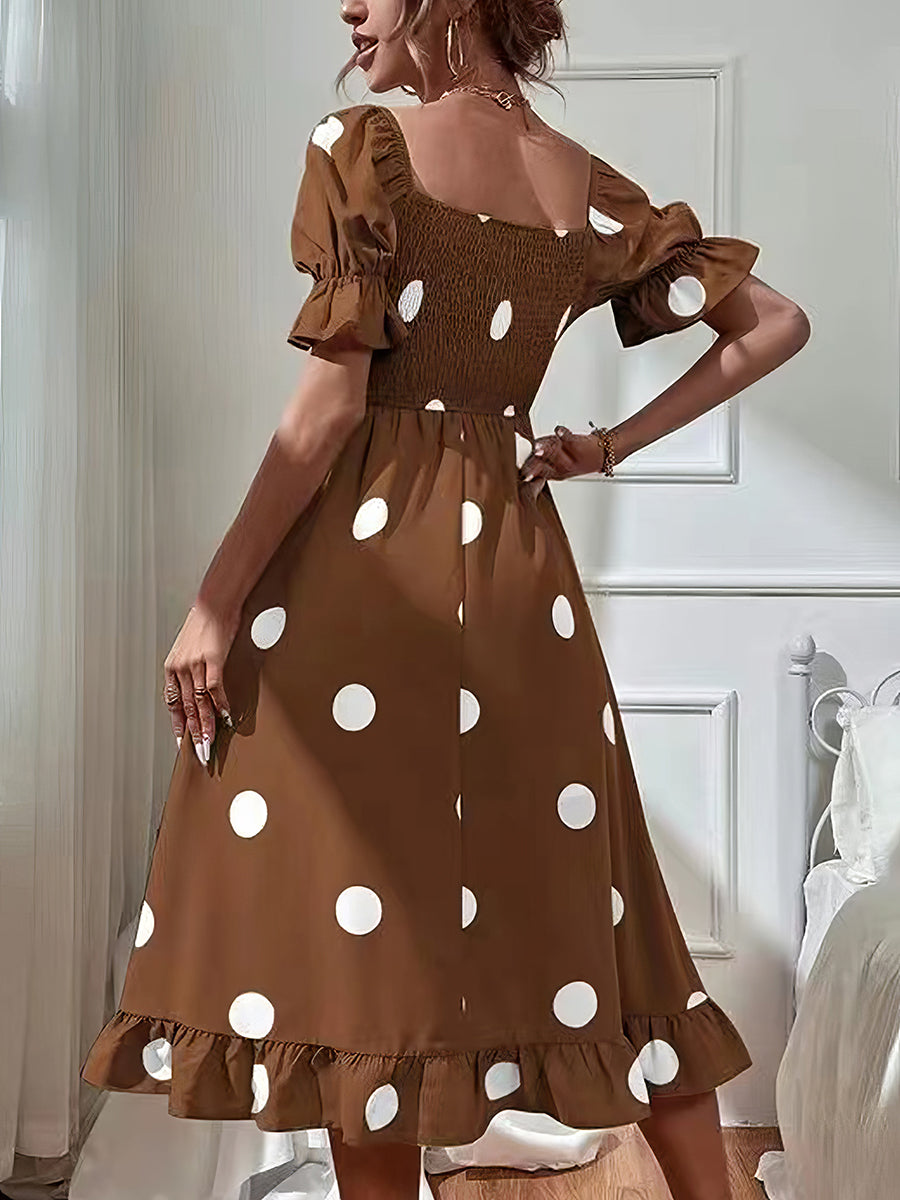 Midi Dresses - Polka Dot Print Puff Sleeve Frill Midi Dress - MsDressly