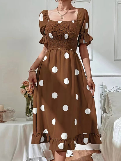Midi Dresses - Polka Dot Print Puff Sleeve Frill Midi Dress - MsDressly