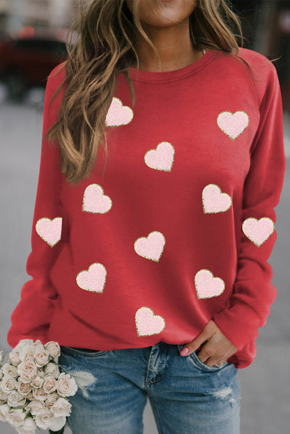 Red Heart Shaped Glitter Chenille Patched Pullover Sweatshirt