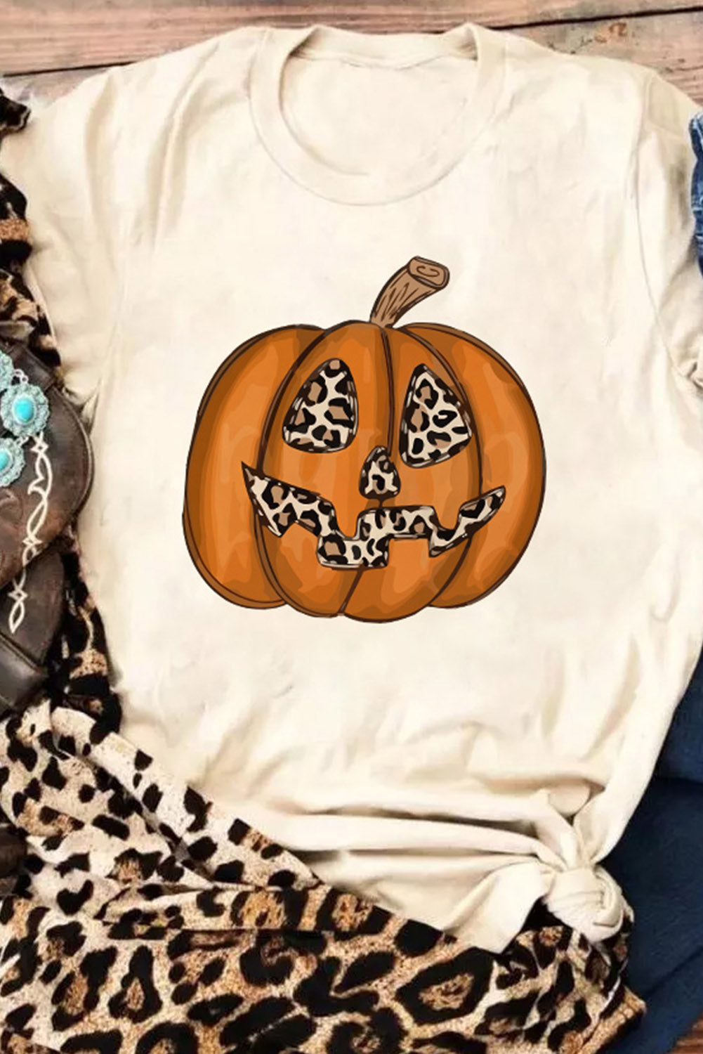 Khaki Halloween Leopard Pumpkin Print T Shirt