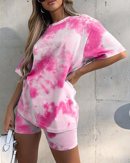 Tie Dye Print Short Sleeve Casual Top & Shorts Set for Women