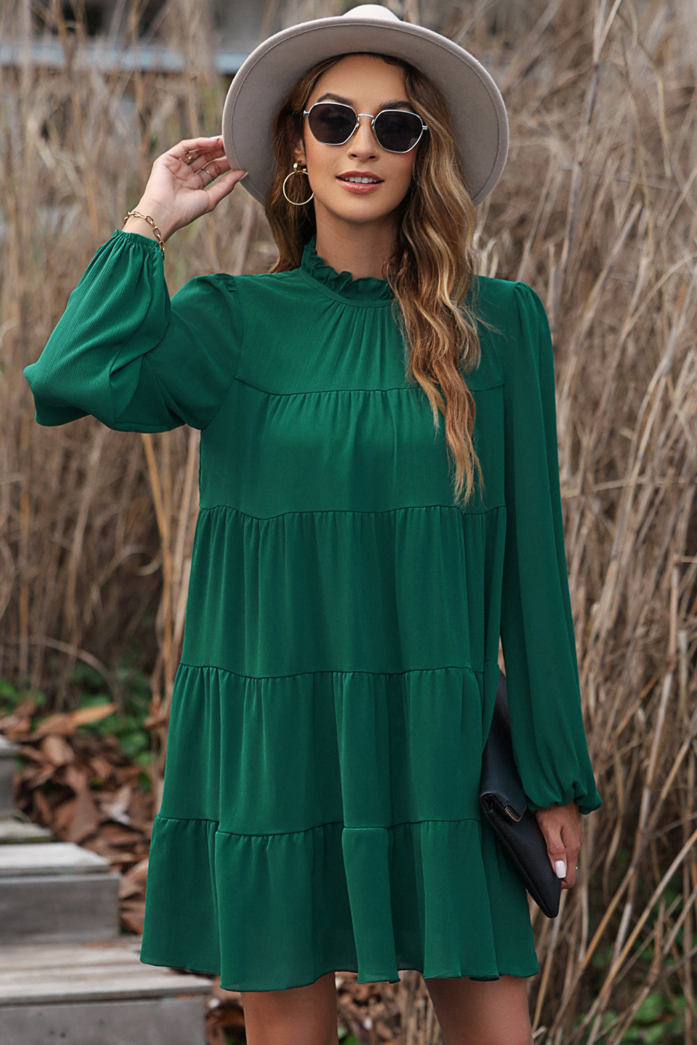 Plus Size Round Neck Loose Casual Pleated Mini Dress