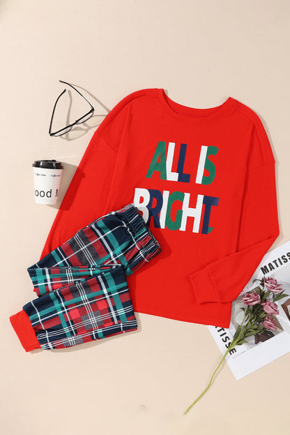 Multicolor ALL IS BRIGHT Graphic Christmas Plaid Pajamas Set