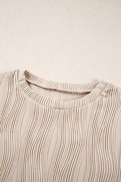 Apricot Textured Wavy Round Neck Long Sleeve Top